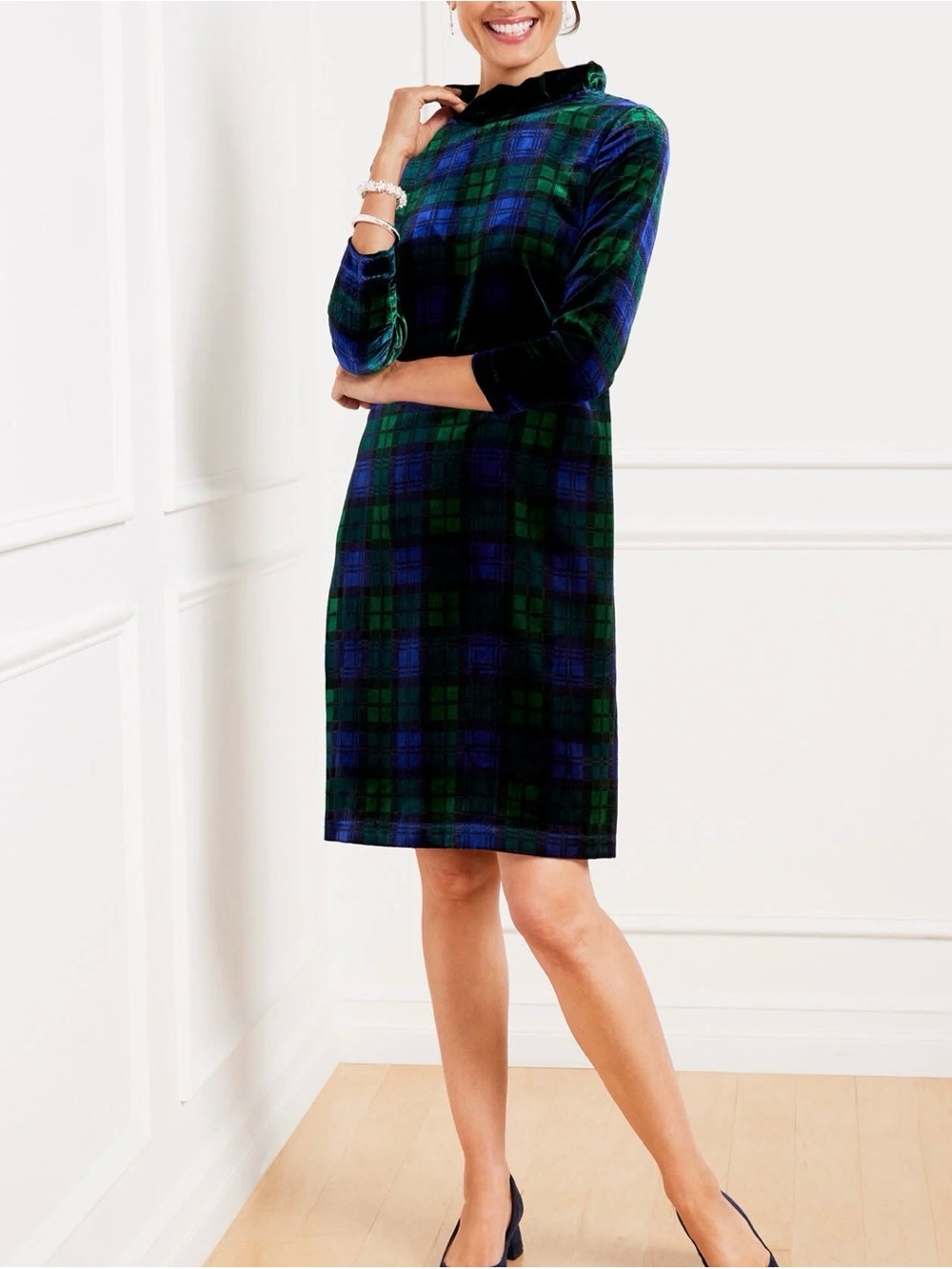 Talbots Effortless Velvet A-Line Dress Black Watch Plaid, Size 10 NEW 537